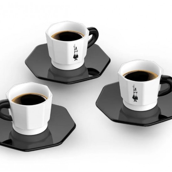 Set of 4 Modern Design Porcelain Coffee Cups eight faces with saucer Bialetti